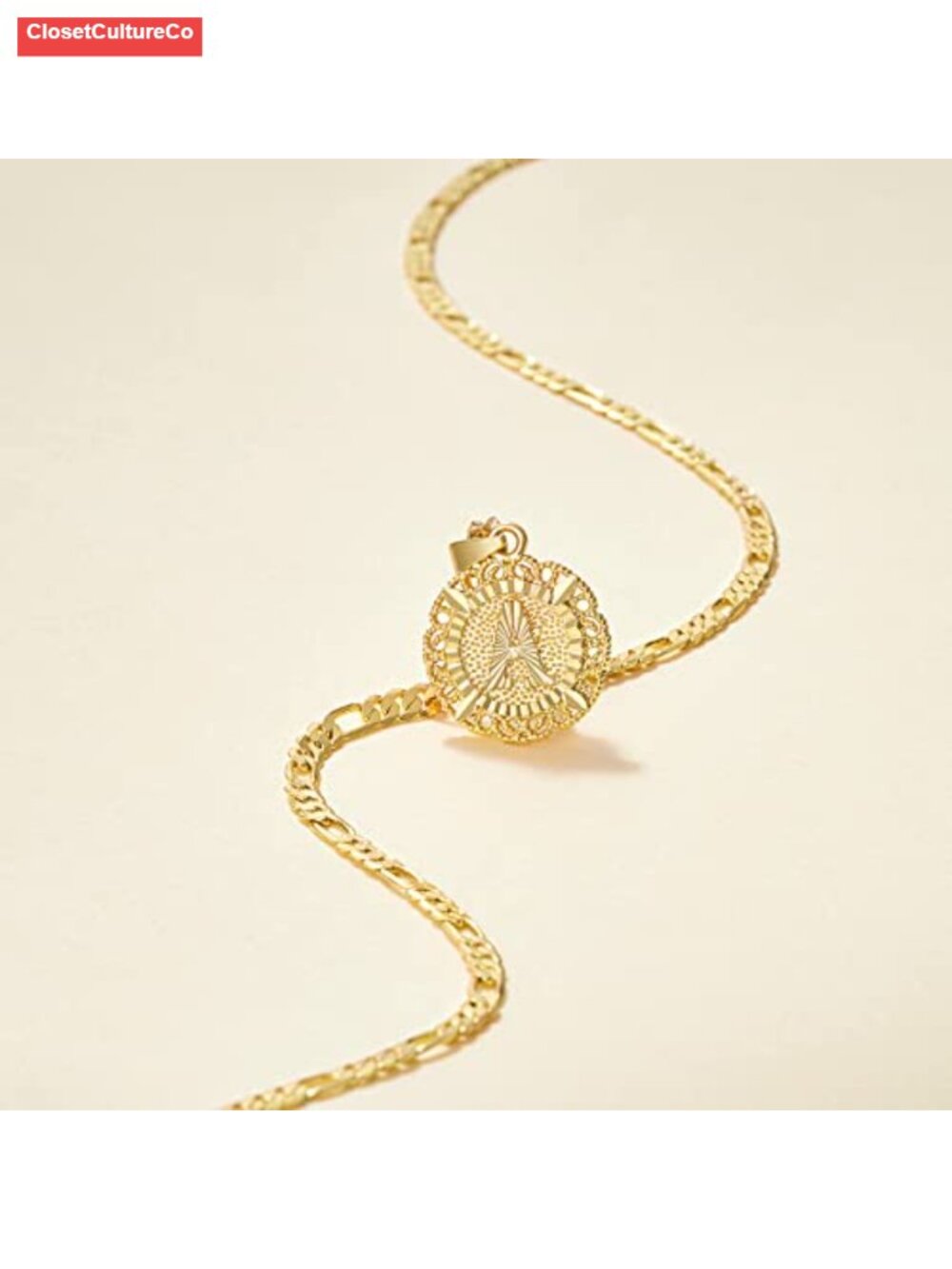 Initial Necklace Women Stainless Steel 14K Gold Plated Pendant 20in Figaro Chain - Picture 3 of 6